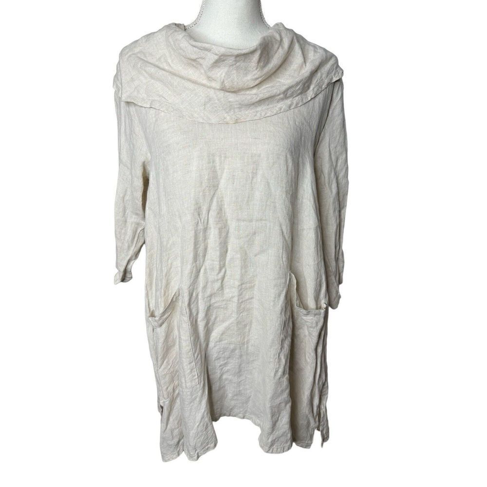 Match Point Tunic Linen Cowl Neck Sun Washed beige Lagonlook Pockets Sz S